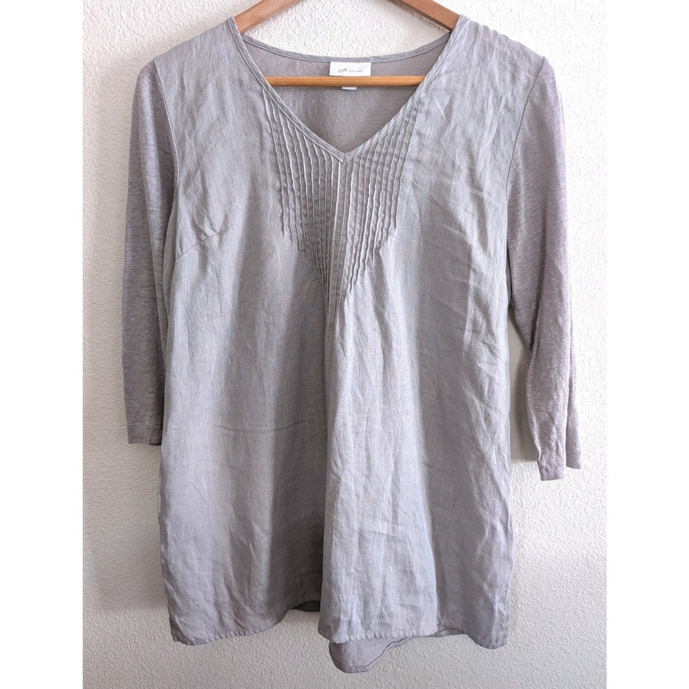 J. Jill Love Linen Gray Pintuck V-Neck Tunic Top Mixed Media 3/4 Sleeve Small